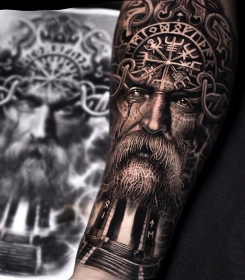 Realistic Odin Tattoo With Vegvisir Symbol On Forearm