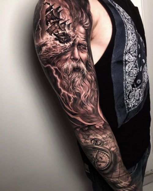 Realistic Viking Ship + Compass Tattoo On Arm