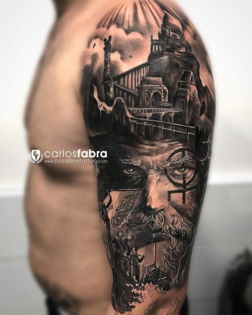 Shoulder Viking + Ship + Castle Tattoo