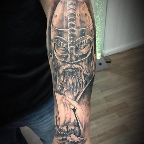 Viking + Boat Tattoo On Forearm For Men