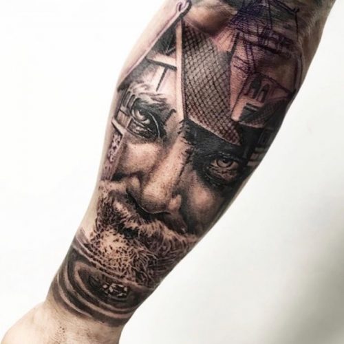 Viking Face + House Tattoo On Forearm