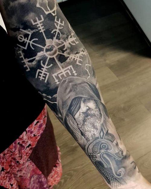 Viking Portrait Tattoo + Vegvisir Symbol On Forearm