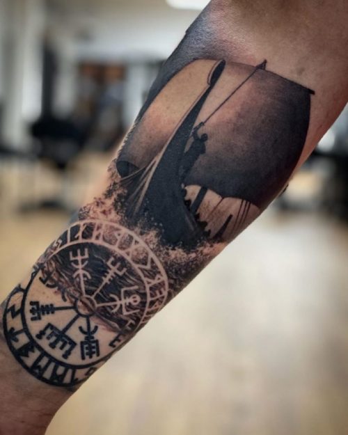 Viking Ship Tattoo + Vegvisir Symbol On Forearm