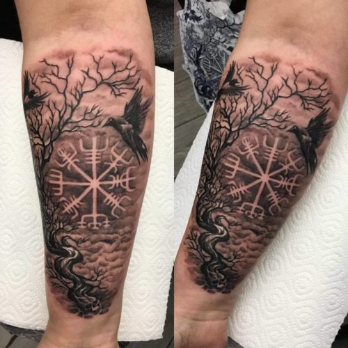 Viking Symbol Tattoo + Raven On Tree Forearm Tattoo