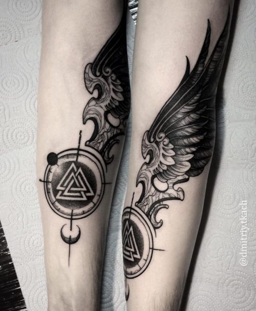 Viking Valknut Symbol Tattoo With Feather Wings On Forearm