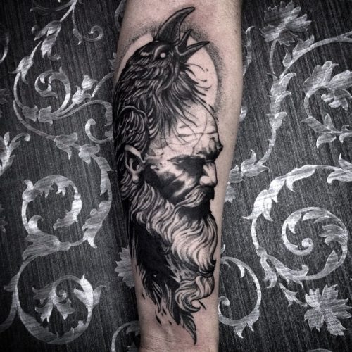 Viking And Raven Tattoo On Forearm
