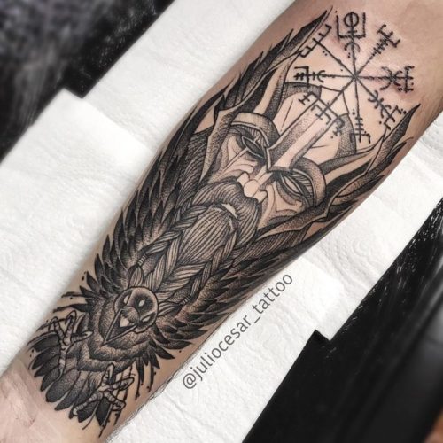 Viking Face + Bird + Symbol Tattoo On Forearm