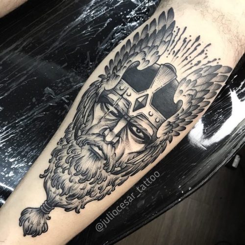 Viking Portrait With Beard Tattoo On Calf