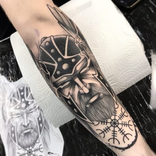 Viking Symbol And Head Tattoo On Forearm