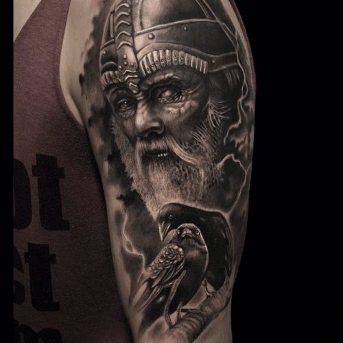 Viking Tattoo With 2 Ravens On Shoulder