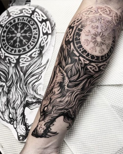 Wolf Head Tattoo + Aegishjalmur Symbol On Forearm