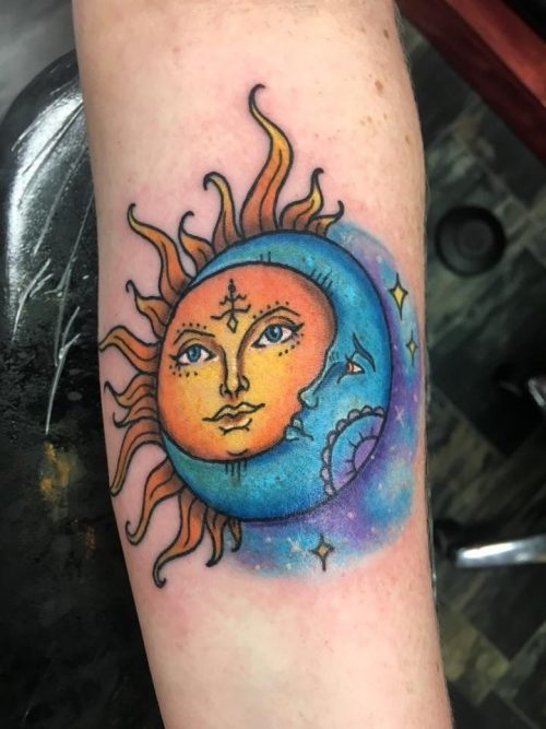 Color Sun And Moon Tattoo